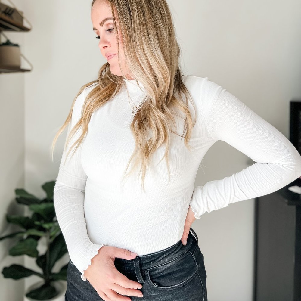 Large White Ribbed Long sleeve Bodysuit
